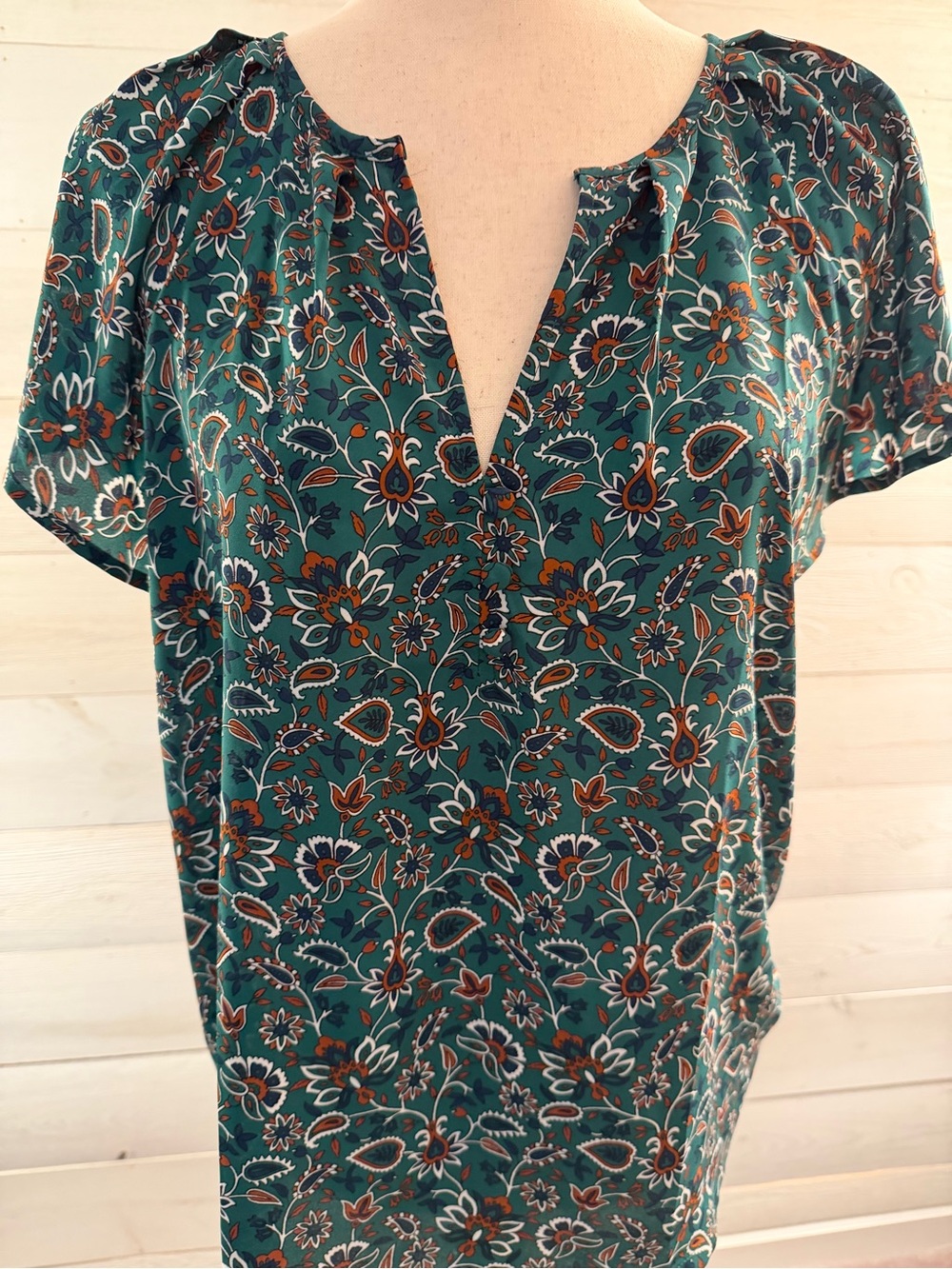 LOFT Teal Green Floral Split-Neck Blouse with Rust and Cream Accents